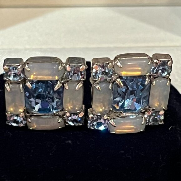 Astra Rhinestone Blue and Moonstone-like Clip Earrings Vintage Signed - Picture 2 of 6